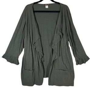 XCVI‎ Ruffle Front Open Cardigan Ruffle Cuff Sz 3X Gray Drapey Cascade Lagenlook